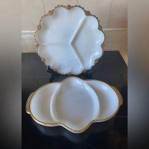 Vintage Fire king milk glass gold colour rim divided serving dishes or trinkets